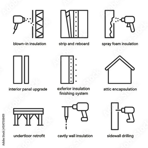 Retrofit Technique Icons. Outline icon set of retrofit techniques: blown-in injection, strip and reboard, spray foam injection,