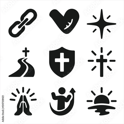 Faith and Restoration Icons. Solid, filled icons set of symbols of faith and restoration: broken chain, healed