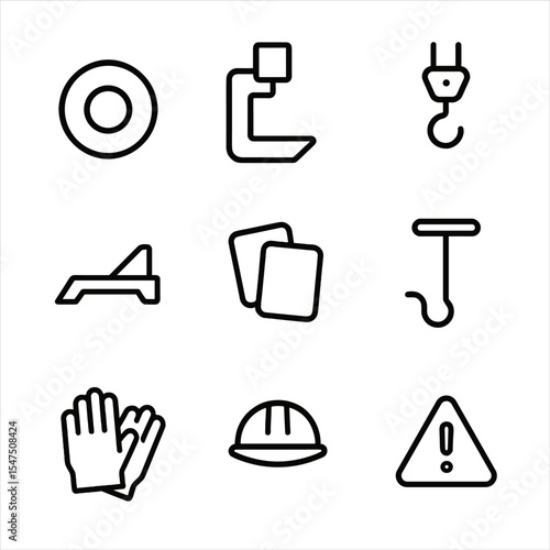 Steel Coil Icon Set. Outline icon set of steel coil lifting: steel coil, C-hook, crane hook, coil skid, protective pads, tag line,