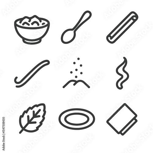 Rhubarb Compote Icons. Outline icon set of rhubarb compote serving: bowl, spoon, cinnamon stick, vanilla pod, sugar sprinkle,