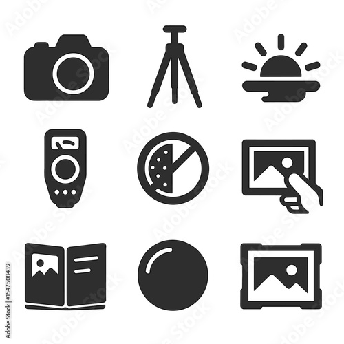Fall Photography Icons. Solid, filled icons set of fall photography themes: DSLR camera, photo tripod, sunrise