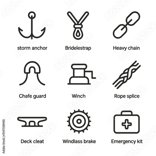 Storm Anchoring Icons. Outline icon set of storm anchoring maneuvers: storm anchor, bridle strap, heavy chain, chafe guard, winch,