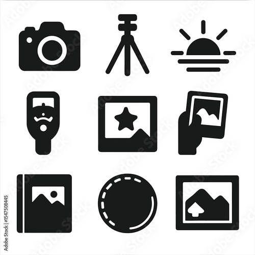 Fall Photography Icons. Solid, filled icons set of fall photography themes: DSLR camera, photo tripod, sunrise