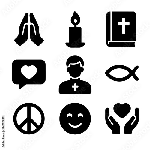 Faith Icons Grid. Solid, filled icons set of faith and spiritual visits: prayer hands, candle flame, holy book