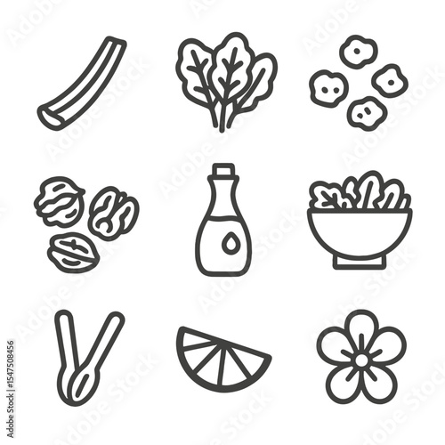 Rhubarb Salad Icons. Outline icon set of rhubarb salad ideas: rhubarb ribbon, mixed greens, goat cheese crumbles, walnut halves,