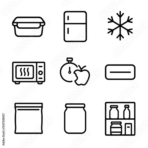 Storage Icon Set. Outline icon set of storage and leftovers: airtight container, refrigerator icon, freezer snowflake, microwave