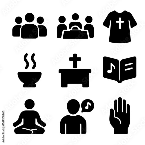 Faith Icons Grid. Solid, filled icons set of faith-based gatherings and rituals: worship group, shared meal,