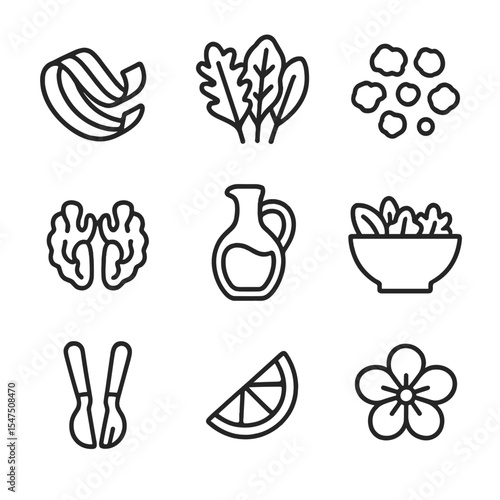 Rhubarb Salad Icons. Outline icon set of rhubarb salad ideas: rhubarb ribbon, mixed greens, goat cheese crumbles, walnut halves,