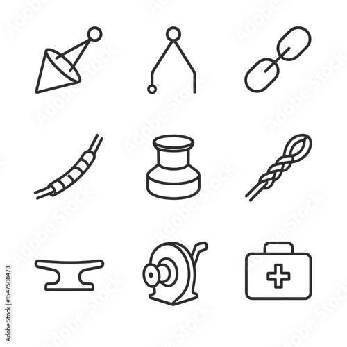 Storm Anchoring Icons. Outline icon set of storm anchoring maneuvers: storm anchor, bridle strap, heavy chain, chafe guard, winch,
