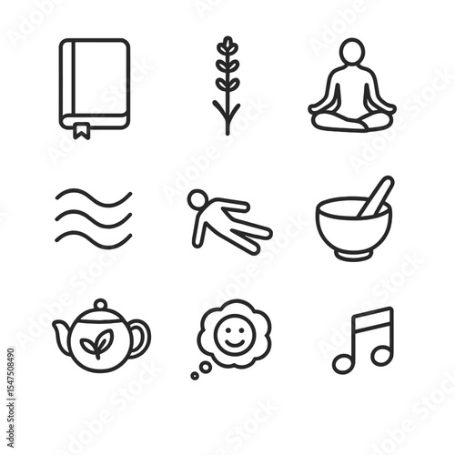 Stress Relief Icons. Outline icon set of stress management before sleep: journal notebook, lavender sprig, gentle yoga pose,