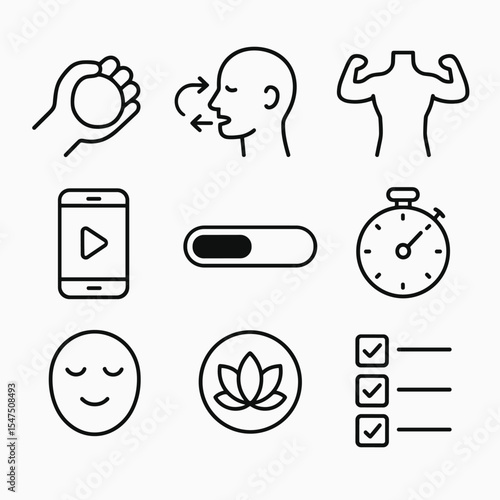 Stress Relief Icons. Outline icon set of stress-relief for better sleep: stress ball, breathing diagram, muscle relax icon, guided