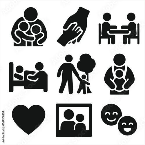 Family Bond Icons. Solid, filled icons set of documenting the bond between parents and children: family hug,