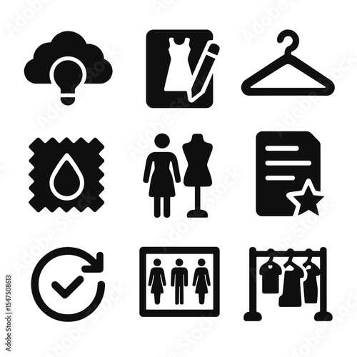 Fashion Design Process Icons. Solid, filled icons set of collection planning stages: brainstorm cloud, sketch