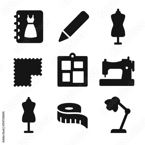 Fashion Design Icons. Solid, filled icons set of a designer sketching a new clothing collection in a studio: