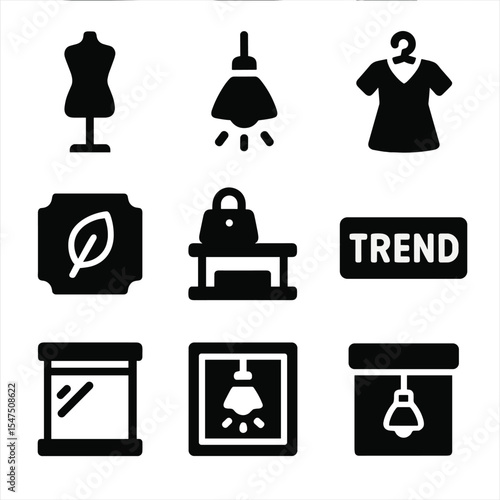 Fashion Display Icons. Solid, filled icons set of a boutique window display featuring seasonal fashion trends:
