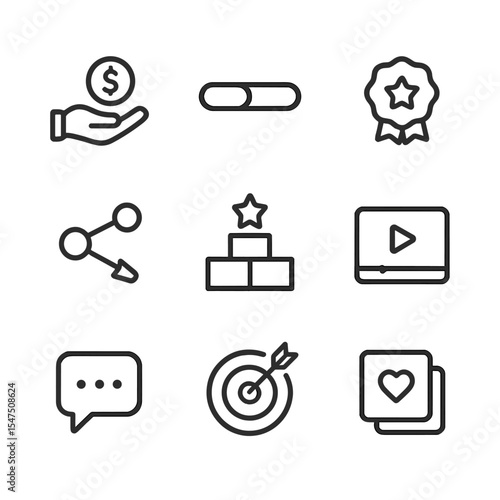 Crowdfunding Icon Set. Outline icon set of crowdfunding campaign: donation hand, progress bar, backer badge, share arrow, reward