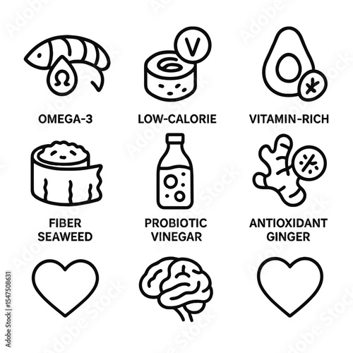 Sushi Health Icons. Outline icon set of sushi health benefits: omega-3 salmon, low-calorie rice, vitamin-rich avocado, tuna