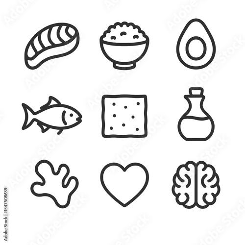 Sushi and Fish Icons. Outline icon set of sushi health benefits: omega-3 salmon, low-calorie rice, vitamin-rich avocado, tuna