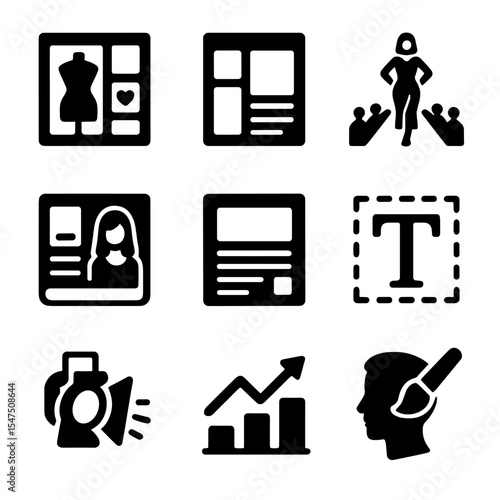 Fashion Icon Grid. Solid, filled icons set of fashion editorial themes: style board, moodboard icon, runway