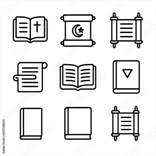 Sacred Texts Icons. Outline icon set of sacred texts: open Bible, Quran scroll, Torah scroll, Vedas manuscript, Tripitaka sutra,
