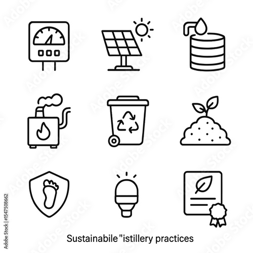 Sustainable Distillery Icons. Outline icon set of sustainable distillery practices: energy meter, solar panel, rainwater tank,