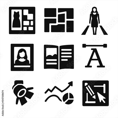 Fashion Icon Grid. Solid, filled icons set of fashion editorial themes: style board, moodboard icon, runway