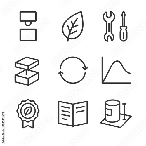 Sustainable Design Icons. Outline icon set of sustainable product design principles: modular component, biomaterial leaf,
