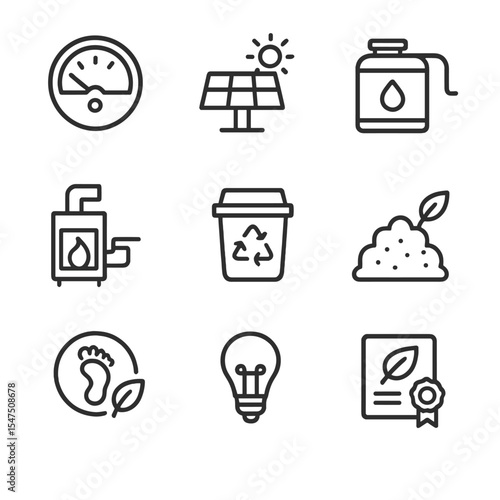 Sustainable Distillery Icons. Outline icon set of sustainable distillery practices: energy meter, solar panel, rainwater tank,