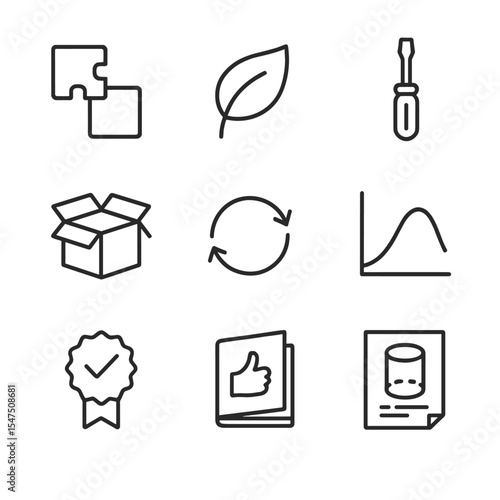 Sustainable Design Icons. Outline icon set of sustainable product design principles: modular component, biomaterial leaf,