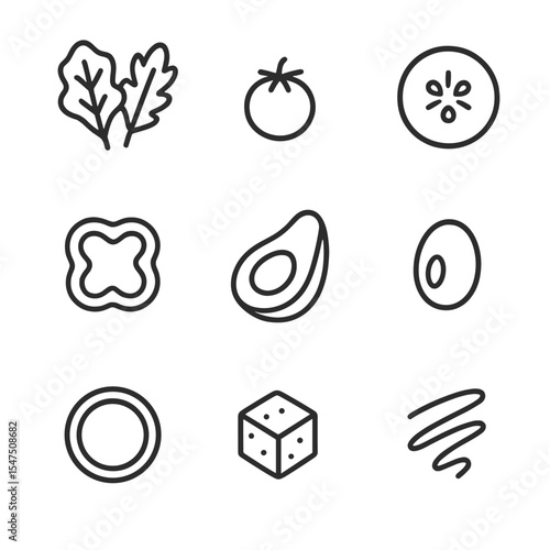 Salad Icon Set. Outline icon set of salad bowl essentials: mixed greens, cherry tomato, cucumber slice, bell pepper ring, avocado