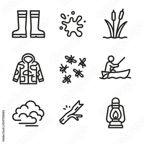Swamp Infiltration Icons. Outline icon set of swamp covert infiltration: wading boots, mud splash, cattail, camo jacket, mosquito