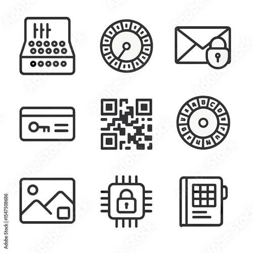 Cryptography Icon Set. Outline icon set of cryptography devices: Enigma machine, cipher wheel, coded letter, keycard, QR code,
