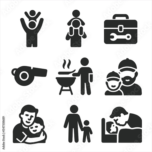 Father-Child Bonding Icons. Solid, filled icons set of father-child bonding visuals: dad lift, shoulder ride,