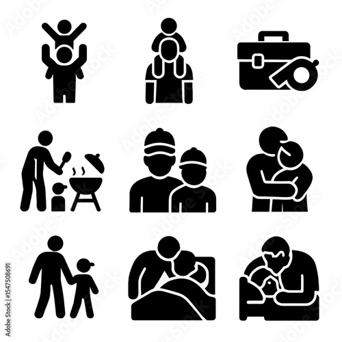 Father-Child Bonding Icons. Solid, filled icons set of father-child bonding visuals: dad lift, shoulder ride,