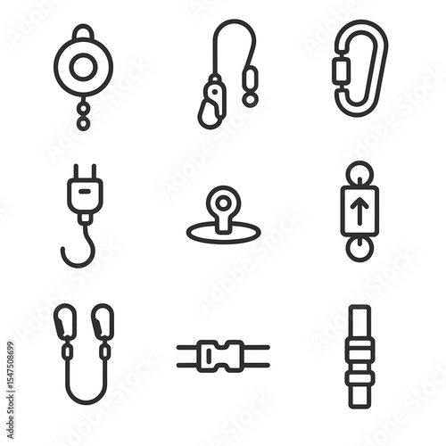 Safety Tether Icons. Outline icon set of safety tether systems: retractable reel, lanyard clip, carabiner, umbilical connector,