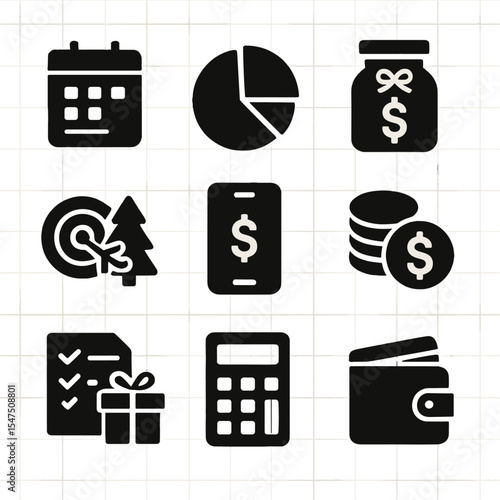 Festive Financial Icons. Solid, filled icons set of financial planning for festive seasons: monthly budget,