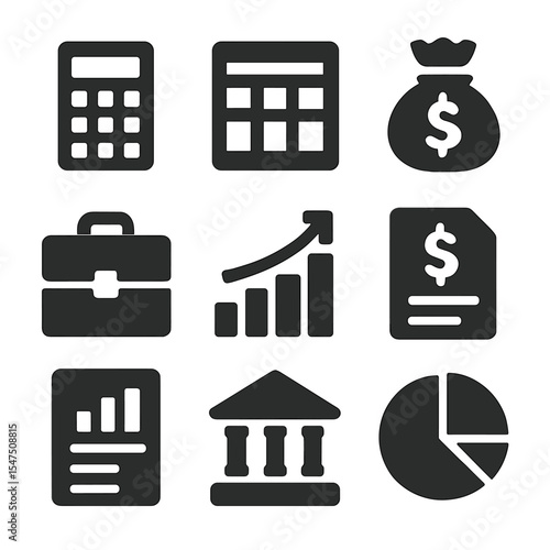 Finance Icons Set. Solid, filled icons set of job opportunities in the finance and accounting sectors: