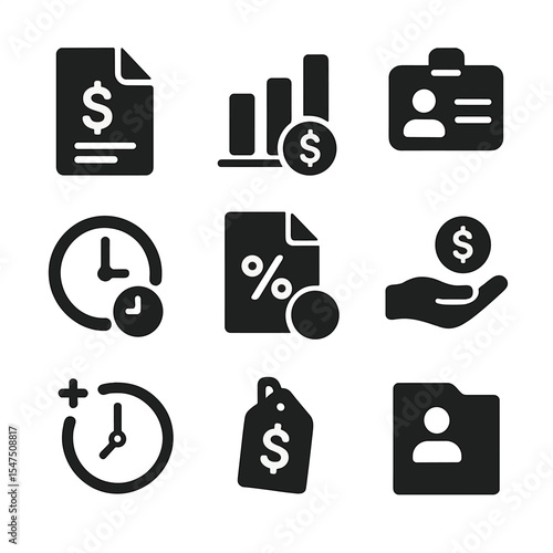 Finance Icons Set. Solid, filled icons set of payroll and HR finance: payslip, salary chart, employee ID, time