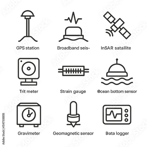 Tectonic Tools Icons. Outline icon set of tectonic monitoring tools: GPS station, broadband seismometer, InSAR satellite, tilt