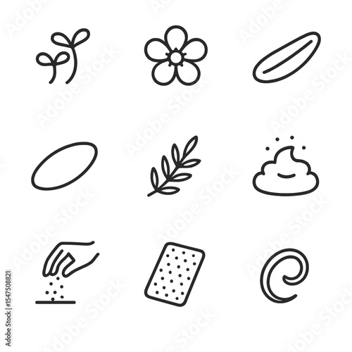 Icon Sets in Grid. Outline icon set of gourmet plating elements: microgreens, edible flower, sauce smear, quenelle, herb sprig,