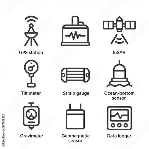 Tectonic Tools Icons. Outline icon set of tectonic monitoring tools: GPS station, broadband seismometer, InSAR satellite, tilt
