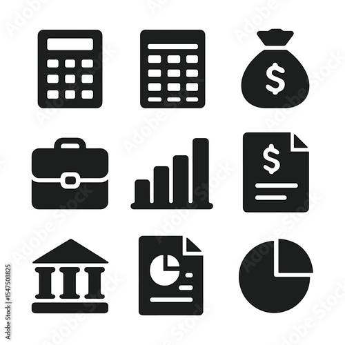 Finance Icons Set. Solid, filled icons set of job opportunities in the finance and accounting sectors:
