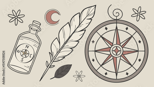 Compass feather bottle moon vintage magic travel symbols illustration set