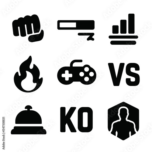Fighting Game Icons. Solid, filled icons set of fighting game tournaments: punch icon, health bar, combo meter