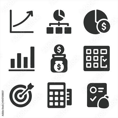 Financial Analysis Icons. Solid, filled icons set of financial analysis and planning: forecasting graph,