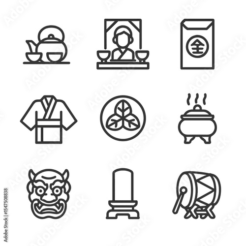 Cultural Tradition Icons. Outline icon set of cultural heir traditions: tea ceremony, ancestral altar, red envelope, kimono