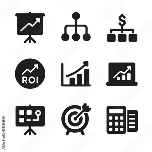 Financial Analysis Icons. Solid, filled icons set of financial analysis and planning: forecasting graph,