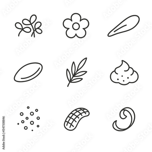 Icon Sets in Grid. Outline icon set of gourmet plating elements: microgreens, edible flower, sauce smear, quenelle, herb sprig,