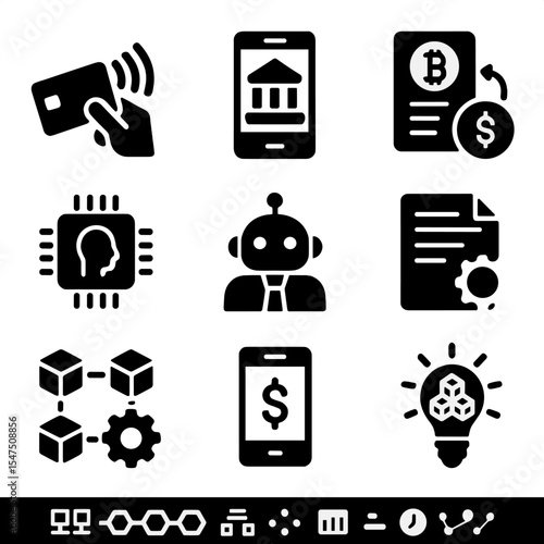 Fintech Innovation Icons. Solid, filled icons set of fintech innovation with blockchain: contactless payment,