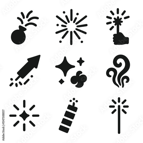 Fireworks Icon Set. Solid, filled icons set of fireworks and sparklers: firework shell, sky burst, hand
